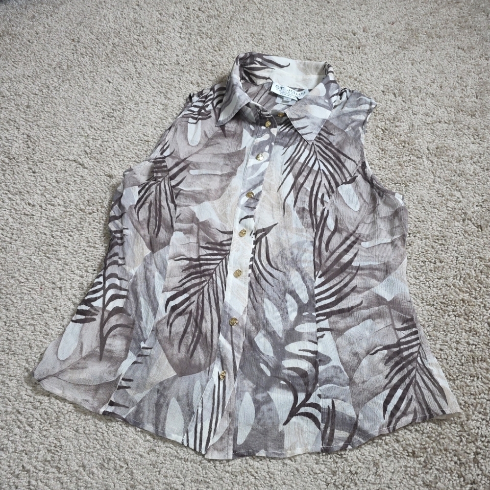 ST. JOHN BY MARIE GRAY short Sleeves 100% Silk Tropical Leaf Print Blouse Sz 10